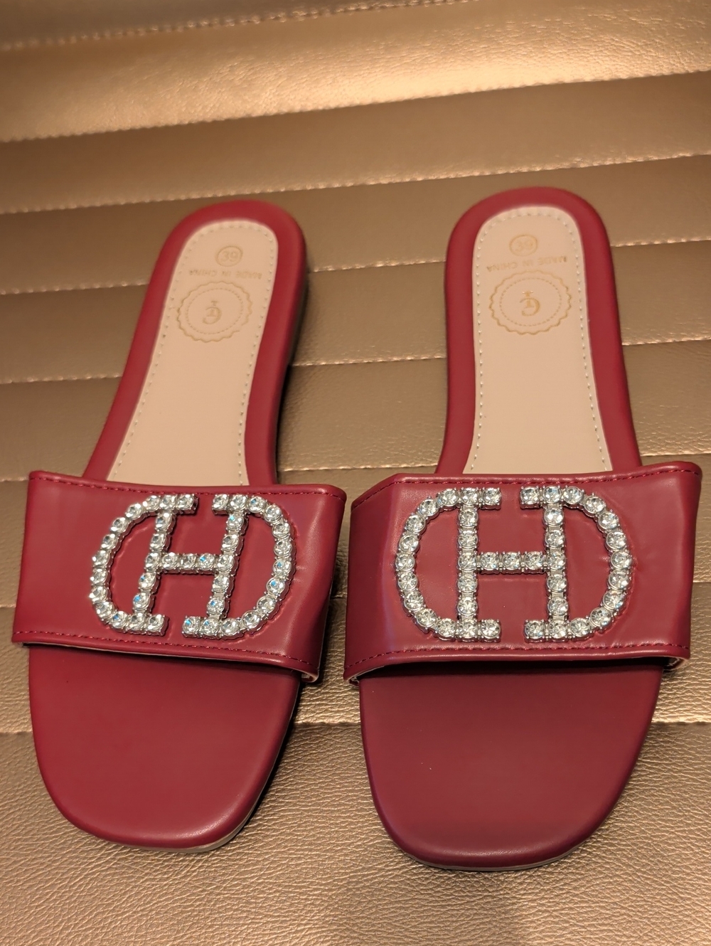 Chic Women's Red Slide Sandals with Crystal Emblem